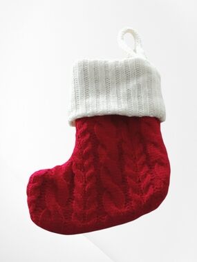 Small Mini Christmas Stocking Vintage Red Cable Knit White Cuff Holiday Decor